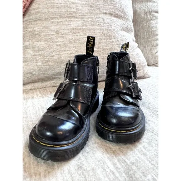 Dr. Martens Devon Bex Star Buckle Leather Black Ankle Boots Kids Size US 11