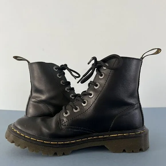 Dr. Martens Luana Black Leather Air Wair Combat 7 Eyelet Lace Up Boots
