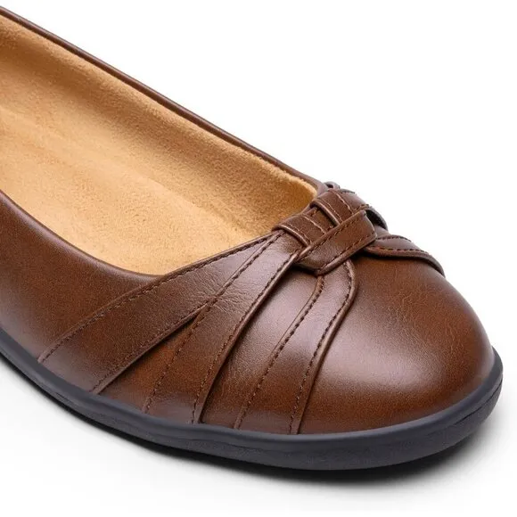 Dream Pairs Flat Shoes Women Brown Faux Leather Round Toe Slip Comfortable Shoes