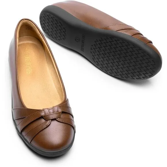 Dream Pairs Flat Shoes Women Brown Faux Leather Round Toe Slip Comfortable Shoes