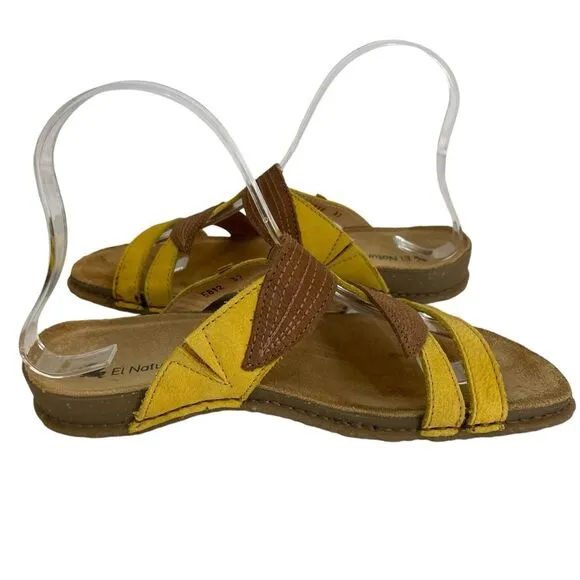 El Naturalista Panglao Leather Slip-On Yellow Brown Leaf Sandals Size 37 NWOT