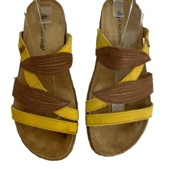 El Naturalista Panglao Leather Slip-On Yellow Brown Leaf Sandals Size 37 NWOT