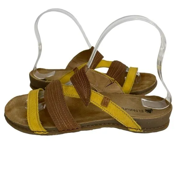 El Naturalista Panglao Leather Slip-On Yellow Brown Leaf Sandals Size 37 NWOT