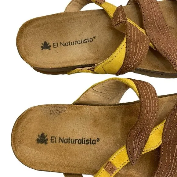 El Naturalista Panglao Leather Slip-On Yellow Brown Leaf Sandals Size 37 NWOT
