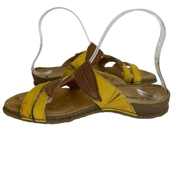 El Naturalista Panglao Leather Slip-On Yellow Brown Leaf Sandals Size 37 NWOT