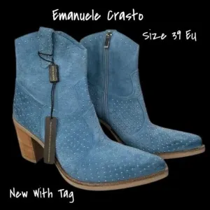 Emanuele Crasto Made In Italy Suede Studded Cowboy Boots Size 39 EU New With Tag