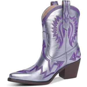 Embroidered Cowgirl Boots For Women Lavender Metallic Faux Leather Ankle Booties