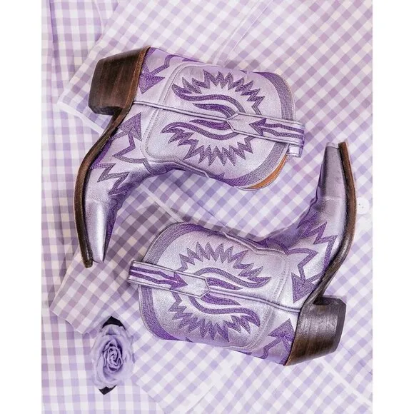 Embroidered Cowgirl Boots For Women Lavender Metallic Faux Leather Ankle Booties