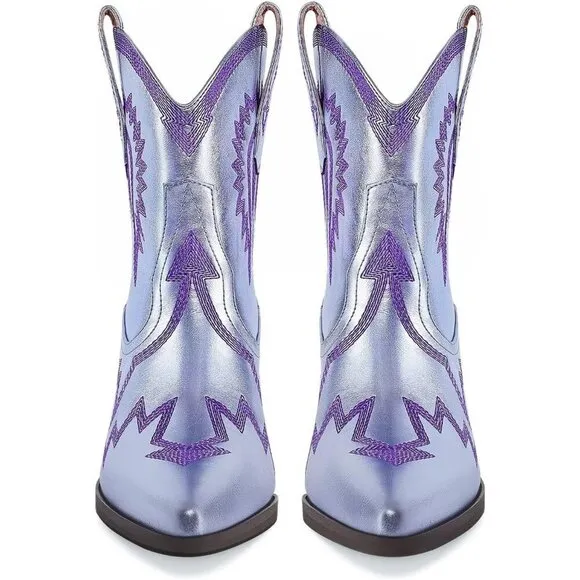 Embroidered Cowgirl Boots For Women Lavender Metallic Faux Leather Ankle Booties