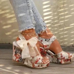 Fahionable  Bow Decor Floral Pattern Bow Decor Ankle Strap Wedge Sandals