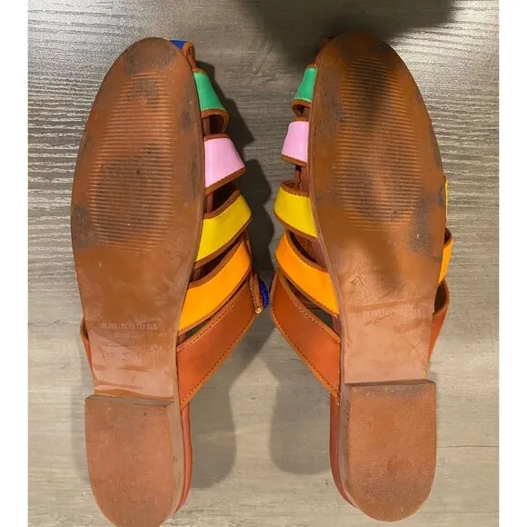 FARM RIO Rainbow Beaded Brown Vegan Leather Boho Mules Flats, Size 7.5