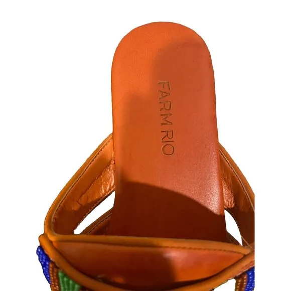 FARM RIO Rainbow Beaded Brown Vegan Leather Boho Mules Flats, Size 7.5