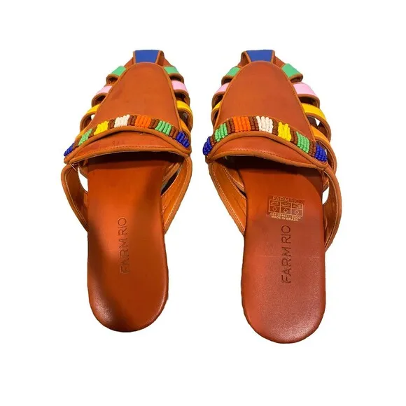 FARM RIO Rainbow Beaded Brown Vegan Leather Boho Mules Flats, Size 7.5