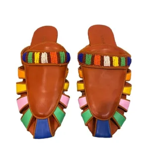 FARM RIO Rainbow Beaded Brown Vegan Leather Boho Mules Flats, Size 7.5