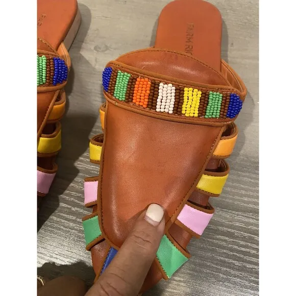 FARM RIO Rainbow Beaded Brown Vegan Leather Boho Mules Flats, Size 7.5