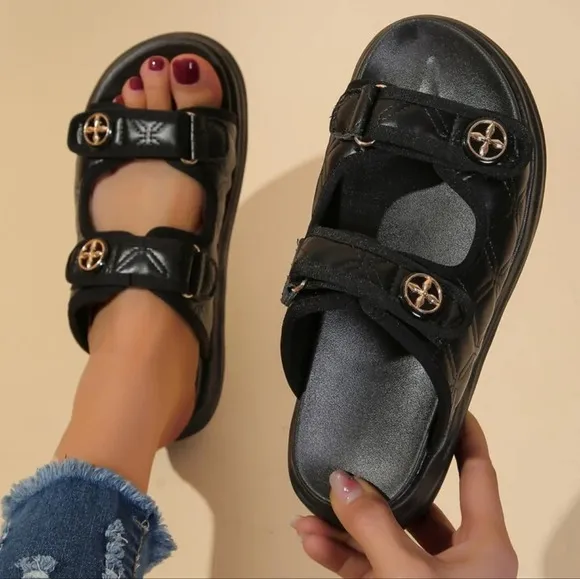 Fashionable Wedge Slide Sandals For Women, Metal Decor Double Strap Wedge Sandal