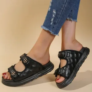 Fashionable Wedge Slide Sandals For Women, Metal Decor Double Strap Wedge Sandal