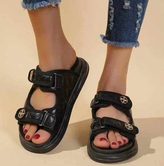 Fashionable Wedge Slide Sandals For Women, Metal Decor Double Strap Wedge Sandal