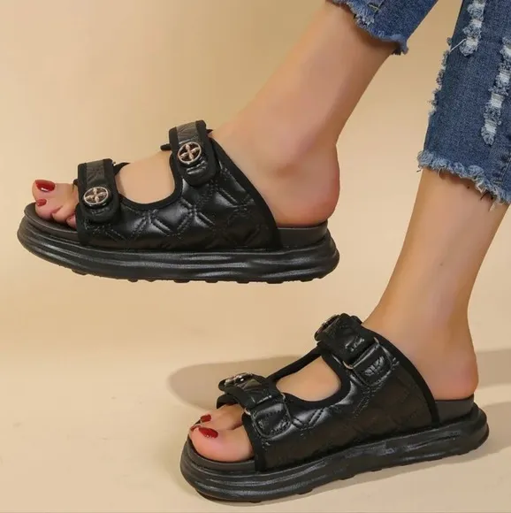 Fashionable Wedge Slide Sandals For Women, Metal Decor Double Strap Wedge Sandal