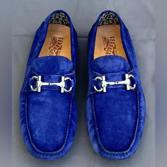 FERRAGAMO Parigi Ecoevolo Suede Bit Loafers Blue Men's Size 11 US
