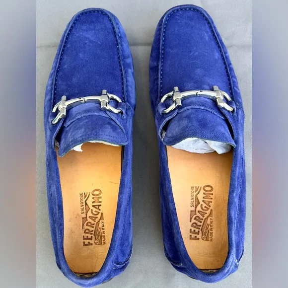 FERRAGAMO Parigi Ecoevolo Suede Bit Loafers Blue Men's Size 11 US