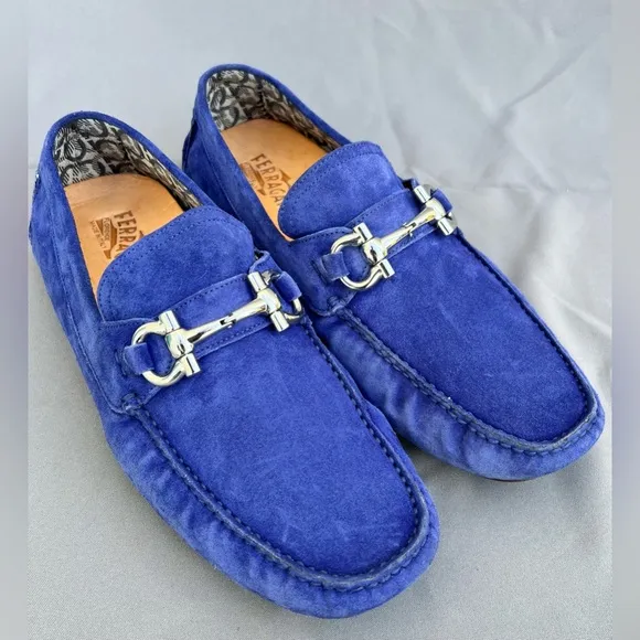 FERRAGAMO Parigi Ecoevolo Suede Bit Loafers Blue Men's Size 11 US