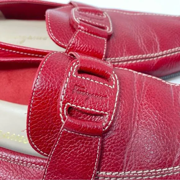 Ferragamo Red Loafers Slides Flats Leather Vintage 6.5