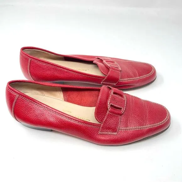 Ferragamo Red Loafers Slides Flats Leather Vintage 6.5