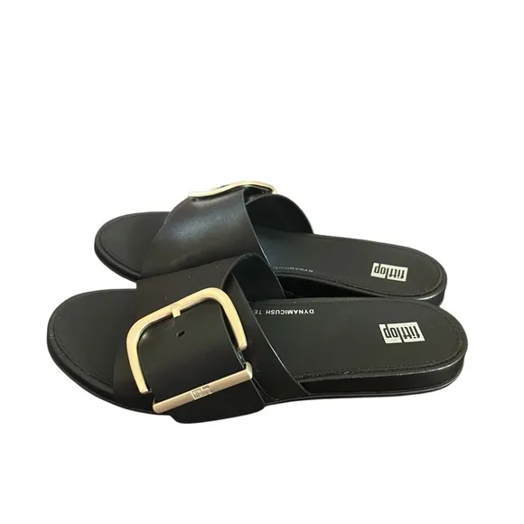 FitFlop Gracie Maxi Buckle Black Leather Comfort Slide Sandals NEW Size 7