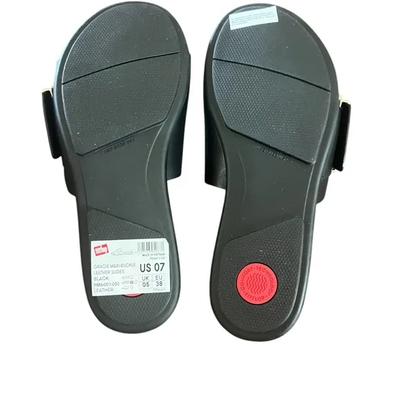 FitFlop Gracie Maxi Buckle Black Leather Comfort Slide Sandals NEW Size 7