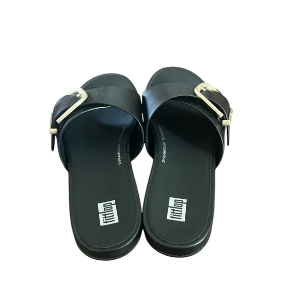 FitFlop Gracie Maxi Buckle Black Leather Comfort Slide Sandals NEW Size 7