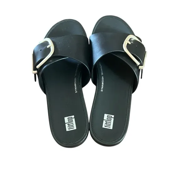 FitFlop Gracie Maxi Buckle Black Leather Comfort Slide Sandals NEW Size 7