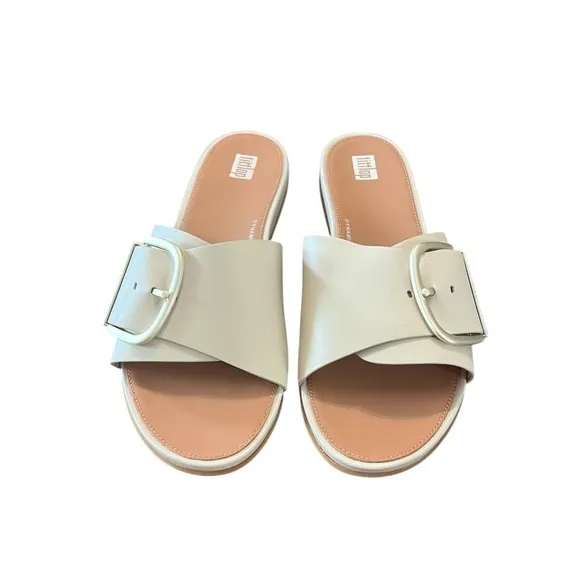 FitFlop Gracie Maxi Buckle Black Leather Comfort Slide Sandals NEW Size 8
