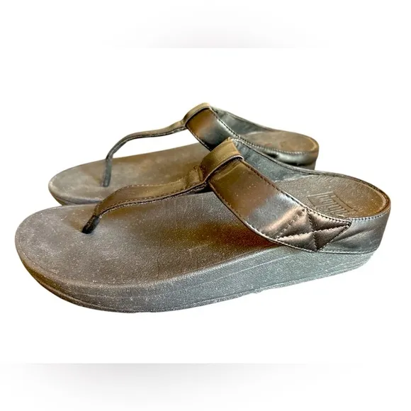 FitFlop Mina Black Padded Leather Toe Thong Sandals, Size 8, Casual Comfort