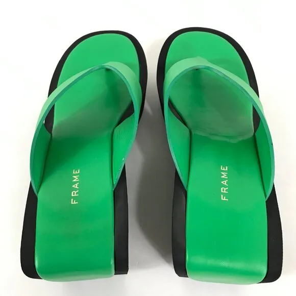 FRAME Le Ocean Platform Leather Sandals Women's Size US 8 / EU 39 Green Wedge