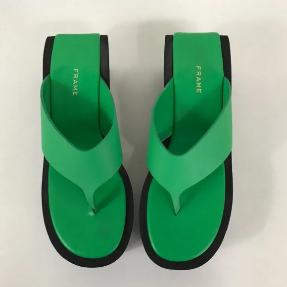 FRAME Le Ocean Platform Leather Sandals Women's Size US 8 / EU 39 Green Wedge