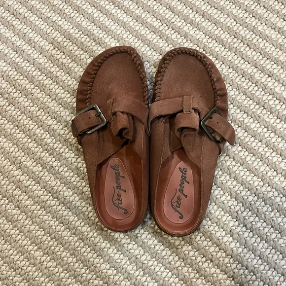 Free People After Riding Sunset Sand Brown Suede Leather Buckle Mules