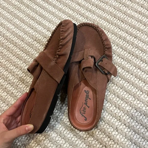 Free People After Riding Sunset Sand Brown Suede Leather Buckle Mules