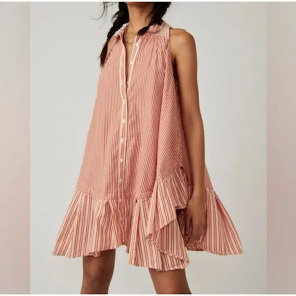 Free People “Be Real” Mini Dress in Rust Combo with Ruffles - Size Large - NWOT