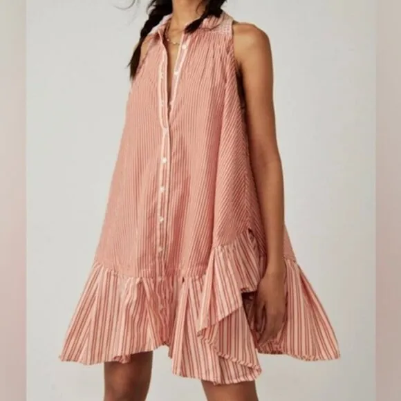Free People “Be Real” Mini Dress in Rust Combo with Ruffles - Size Large - NWOT