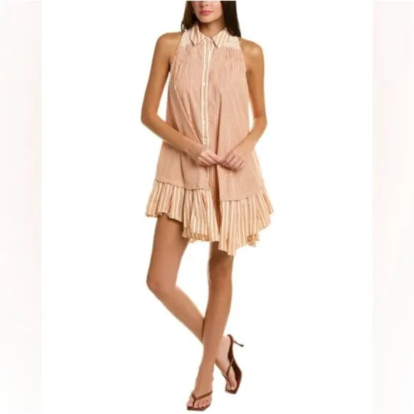 Free People “Be Real” Mini Dress in Rust Combo with Ruffles - Size Large - NWOT