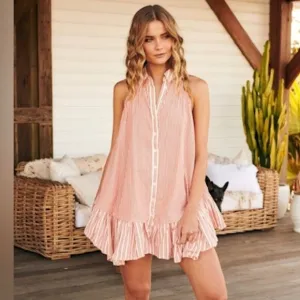 Free People “Be Real” Mini Dress in Rust Combo with Ruffles - Size Large - NWOT