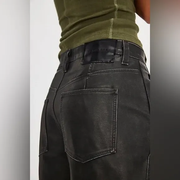 Free People Distressed Black Vegan Leather Longline Boyfriend Shorts 25,27 NEW