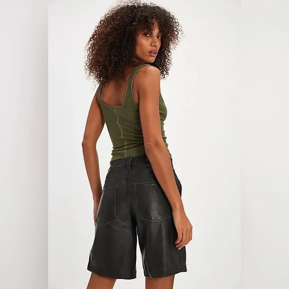 Free People Distressed Black Vegan Leather Longline Boyfriend Shorts 25,27 NEW