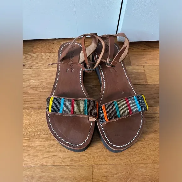 Free People Laidback London Leather Handmade Beaded Sandals