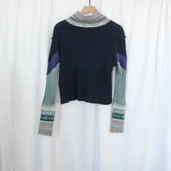Free People Mock Neck Long Sleeve Thermal With Sweater Accents Blue Grey Small