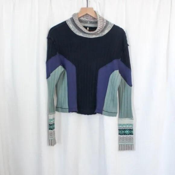 Free People Mock Neck Long Sleeve Thermal With Sweater Accents Blue Grey Small