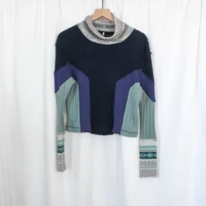 Free People Mock Neck Long Sleeve Thermal With Sweater Accents Blue Grey Small