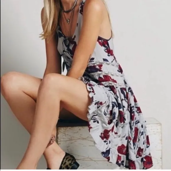 FREE PEOPLE voile TRAPEZE DRESS slip Floral tunic print women’s XS LACE romantic