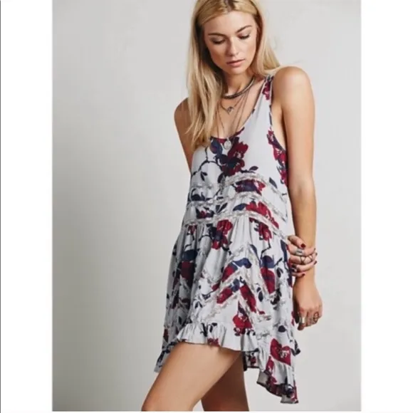FREE PEOPLE voile TRAPEZE DRESS slip Floral tunic print women’s XS LACE romantic